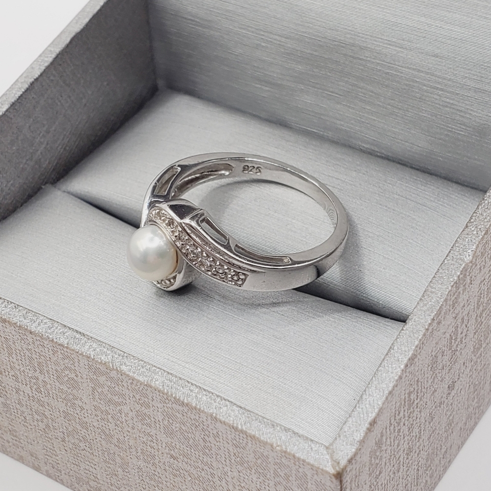 Cultured White Pearl & Diamond Simulants 925 Sterling Silver Bypass Ring - Picture 4 of 8